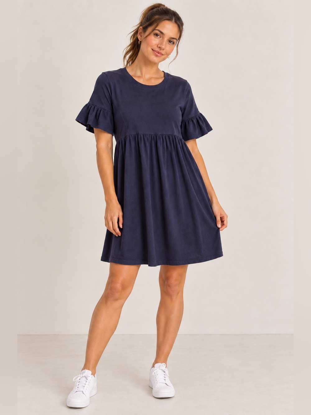 English Factory Navy Ruffle-Sleeve Knit Dress